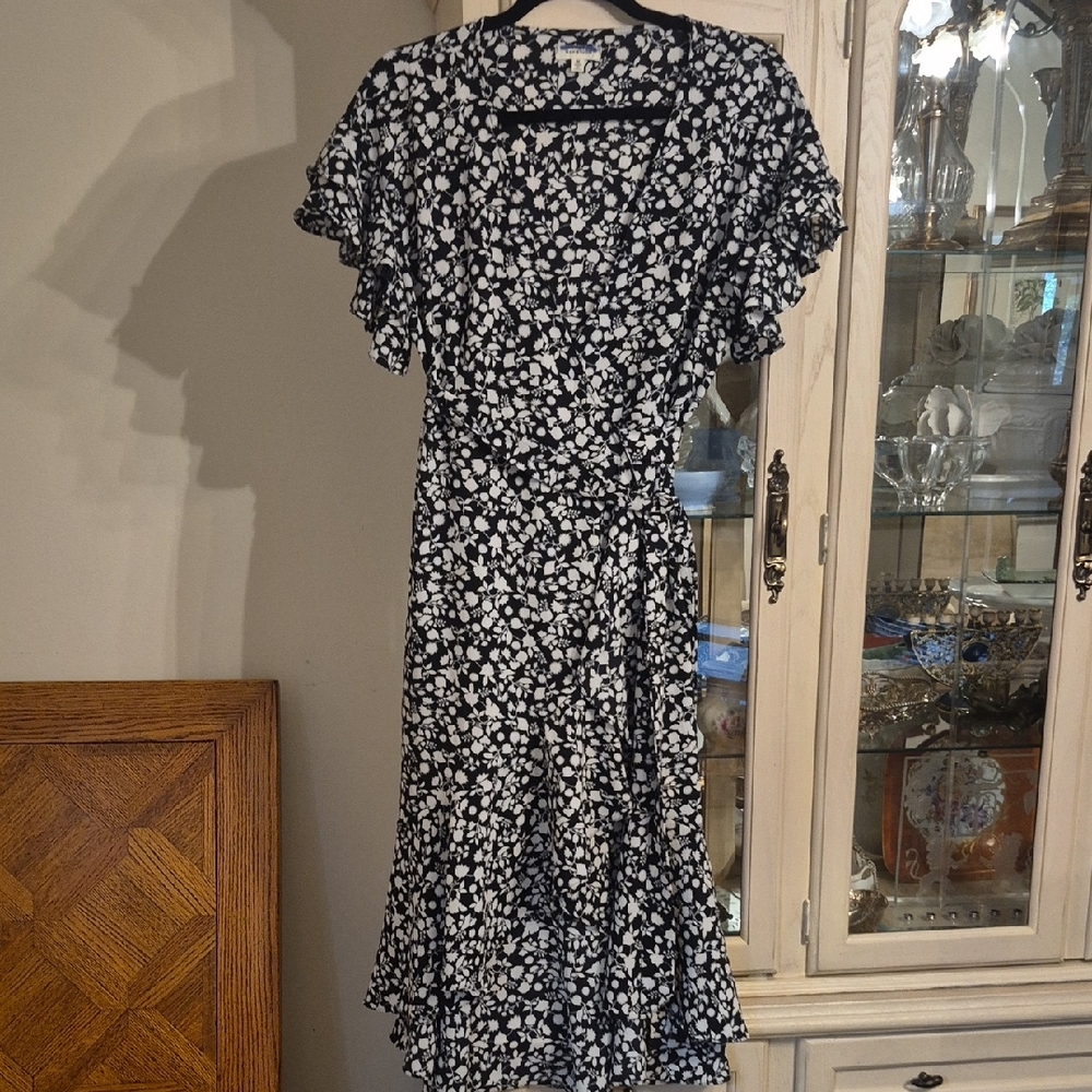 Max Studio Black and White Wrap Floral Midi Dress